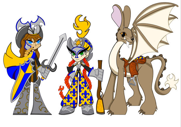 Hero lineup: Commander Cedric, Sheriff Brianne and her dragon, Sandy the Sandwhipper for Knights Of The Saloon Table Commander Cedric, Sherriff Brianne, and Sandy the Sandwhipper